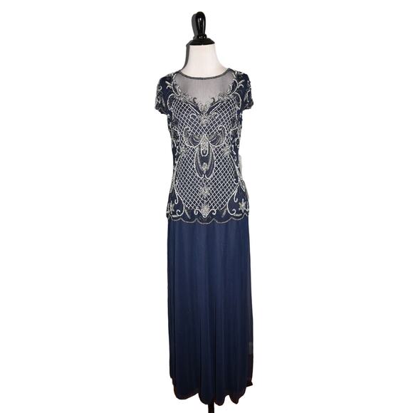 PISARRO NIGHTS NEW $198 Mock 2 Piece Beaded Bodice Evening Dress Navy Size 8 - Picture 1 of 4
